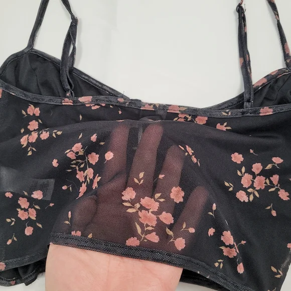 Garage Black Floral Cropped Cami Top with Pink Blossoms - Picture 4 of 4